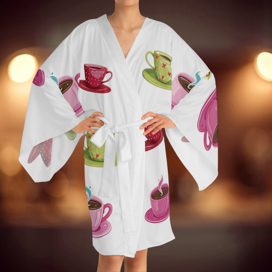 Coffee Cup Robe Long Sleeve Kimono Robe. White Silky Kimono With Black