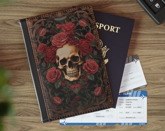 Gothic Passport Cover. Skull and Roses Passport Holder, Travel Wallet.  Gothic Travel, Vacation Accessory. RFID Blocking Cover.