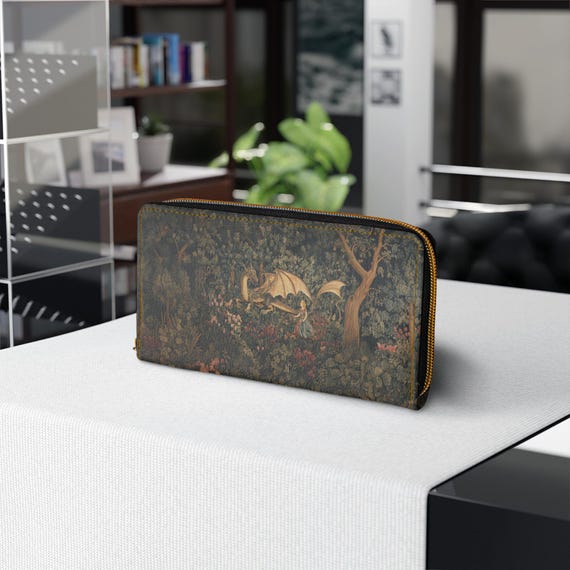 Medieval Dragon Tapestry Zipper Wallet | Vintage Forest Scene, Princess and Dragon Clutch, Long Wallet, Unisex Accessory
