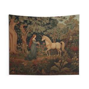 Princess And Unicorn Tapestry, Fairytale Forest Wall Art, Neutral Fantasy Decor, Medieval Bedroom Accent, Magical Gothic Princess Aesthetic 80" × 68"