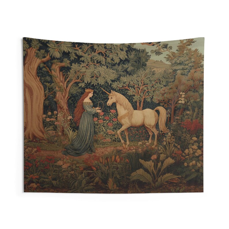 Princess And Unicorn Tapestry, Fairytale Forest Wall Art, Neutral Fantasy Decor, Medieval Bedroom Accent, Magical Gothic Princess Aesthetic 80" × 68"