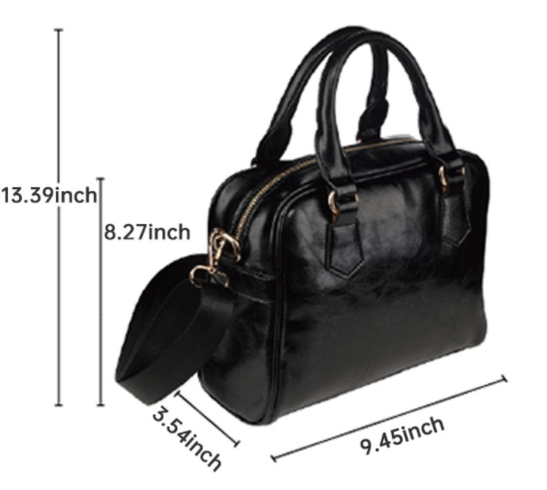 May include: Black satchel bag with a glossy finish. The bag has two top handles and a detachable shoulder strap. Dimensions are 13.39 inches high, 9.45 inches wide, and 3.54 inches deep. The bag features gold-colored hardware and a zipper closure.