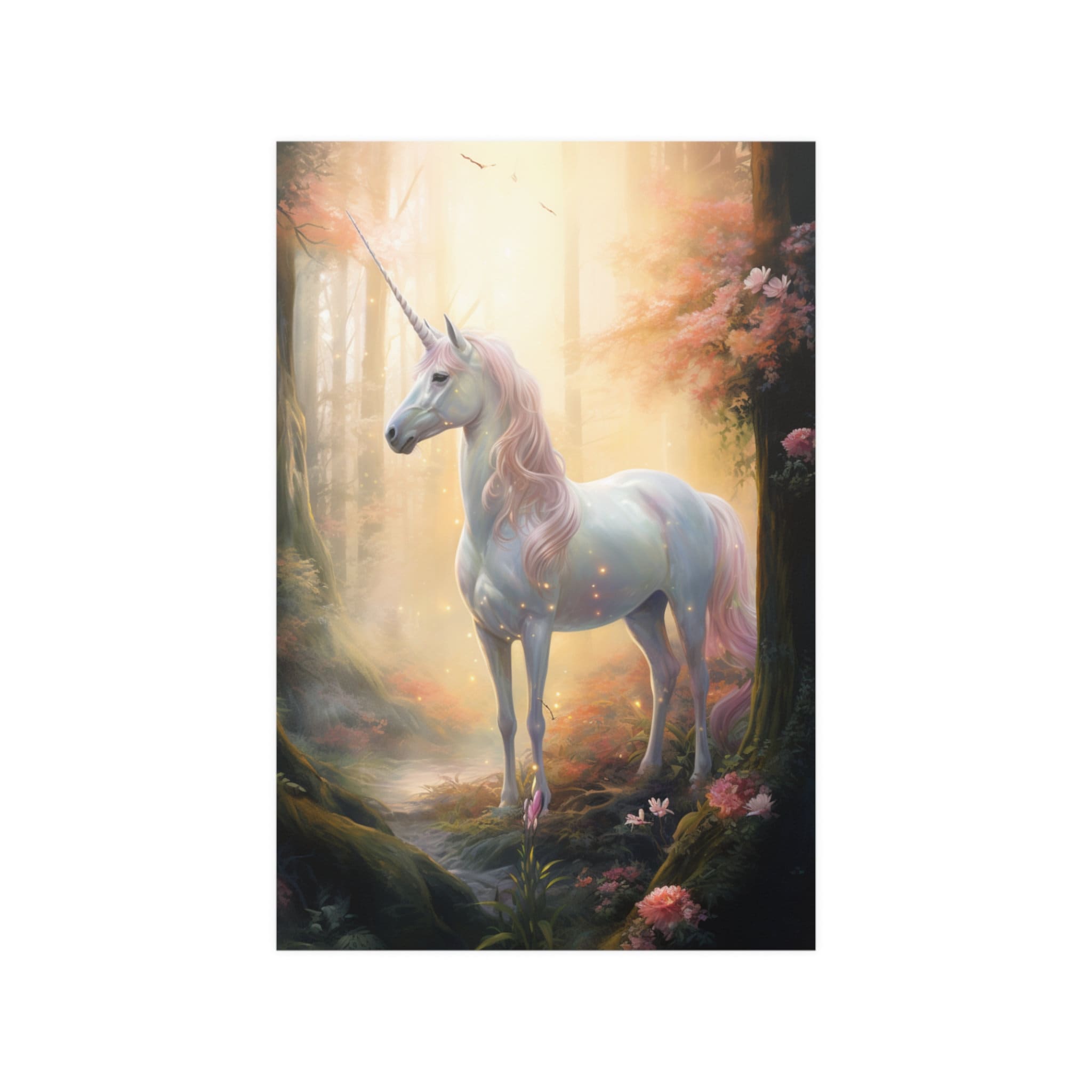 Unicorn Poster! Pretty Unicorn Standing in a Sunlit Forest With Pink ...