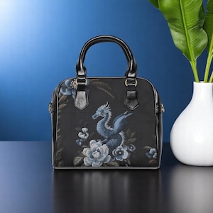 Sac à main à motif floral dragon bleu, sac à bandoulière effet denim, sac à main gothique fantaisie, sac à bandoulière imprimé de style broderie de mauvaise humeur pour femme