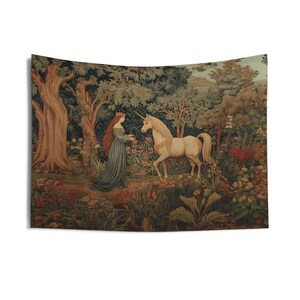 Princess And Unicorn Tapestry, Fairytale Forest Wall Art, Neutral Fantasy Decor, Medieval Bedroom Accent, Magical Gothic Princess Aesthetic 60" × 50"