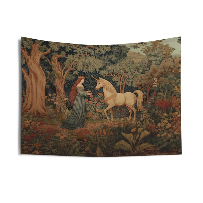 Princess And Unicorn Tapestry, Fairytale Forest Wall Art, Neutral Fantasy Decor, Medieval Bedroom Accent, Magical Gothic Princess Aesthetic 60" × 50"