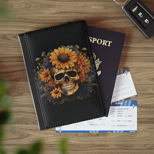 Funda gótica para pasaporte. Funda con calavera y flores. Gótica, viajes alternativos. Funda con bloqueo RFID. Funda de piel sintética.