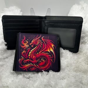 Cartera de dragón. Cartera de dragón de fuego, billetera compacta pequeña, piel sintética negra, accesorio gótico, única en su tipo, prensada a mano, ¡fantasía!