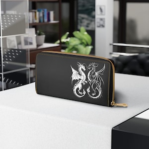 Schwarz-weiße Drachen-Brieftasche Gothic Fantasy Kunstleder Clutch Geldbörse Fabelwesen Design Unisex Lange Zip-Brieftasche Beidseitig bedruckt
