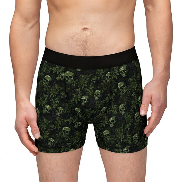Skull and Vine Men's Boxers - Edgy Underwear with a Touch of Nature - Green and Black Graphic Pattern - Gothic Underwear - Gift for Men
