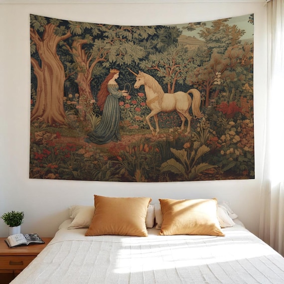 Princess And Unicorn Tapestry, Fairytale Forest Wall Art, Neutral Fantasy Decor, Medieval Bedroom Accent, Magical Gothic Princess Aesthetic