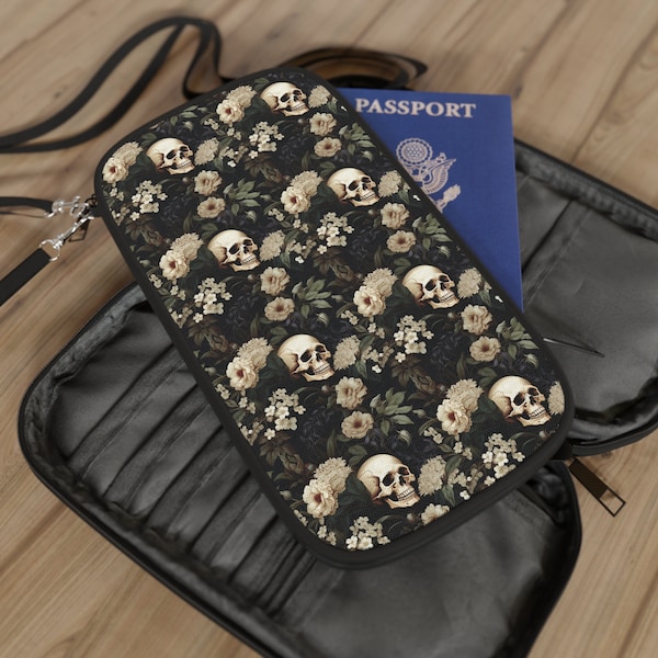 Skull & Flower, Crossbody Bag, Travel Purse, Passport Holder,Phone Wallet,Festival Bag, Wristlet, Gothic Design, Versatile Accessory