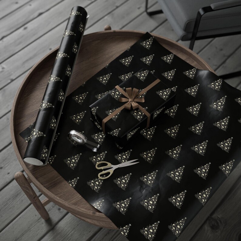 Gothic Wrapping Paper, Skulls on a Christmas Tree, Alternative Gift Wrap - Black Paper With Bone White Tree & Skulls, Elegant, Edgy Paper image 5