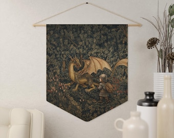 Tenture murale dragon et garçon chevalier, décoration de chambre d'enfants fantastique, art livre de contes pour chambre d'enfant, art dragon compagnon mythique, fanion bannière,