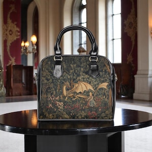 Princess and Dragon Tapestry Purse Fantasy Crossbody Bag Fairytale Handbag Medieval Storybook Gift Faux Leather Shoulder Bag for Women