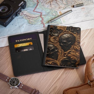 Funda gótica para pasaporte. Bloqueo RFID. Funda para pasaporte negra. Cartera para pasaporte. Calaveras y flores. Amante de las calaveras, viajeros, vacaciones. Libreta para pasaporte.