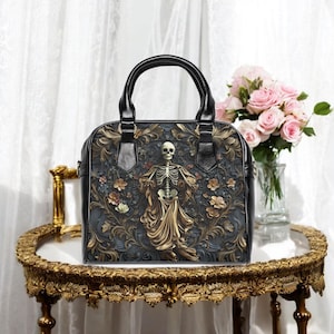 Gothic Crossbody Bag, Shoulder Handbag, Victorian Style Skeleton Purse, Black Faux Leather, Macabre Beauty, Graveyard Engraving, Pretty Goth