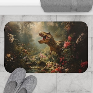 Jurassic Jungle Bath Mat | Dinosaur Decor, Kids Room, Bathroom Accessories, Dino Lovers, Unique Home Decor, Roaring T Rex, Tyrannosaurus