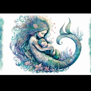 Mermaid Mother and Baby Digital Image. Baby Shower, Birth Announcement, Birthday, Wall Art, Wall Paper. 5 Digital Downloads. Mer Mama & Baby