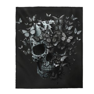 Skull blanket! Velveteen Plush Blanket with a black and white skull and butterflies! Gothic image on a super soft throw blanket. Great Gift!