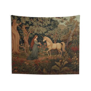 Princess And Unicorn Tapestry, Fairytale Forest Wall Art, Neutral Fantasy Decor, Medieval Bedroom Accent, Magical Gothic Princess Aesthetic 104" × 88"