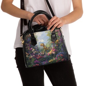 T-Rex Shoulder Handbag! Black Faux Leather With Flowers & Dinosaur. Dinosaurs Art, Theme, Decor, Design, Accessory. Dinocore, Unique Gift! image 7
