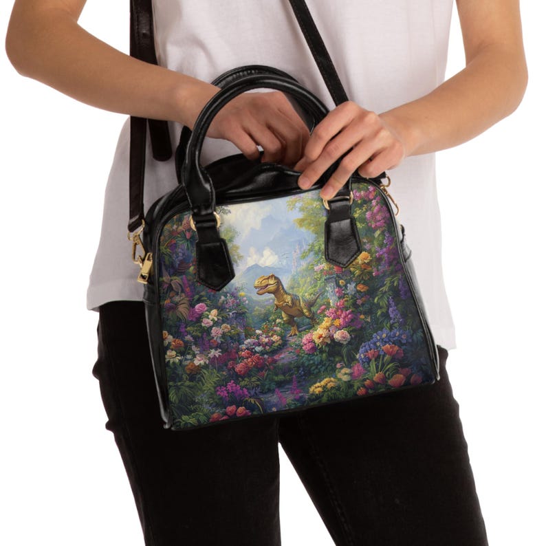 T-Rex Shoulder Handbag! Black Faux Leather With Flowers & Dinosaur. Dinosaurs Art, Theme, Decor, Design, Accessory. Dinocore, Unique Gift! image 7