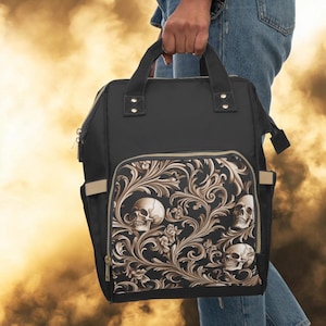 Gothic Skull Diaper Bag Backpack: Black Nylon Baby Travel Bag