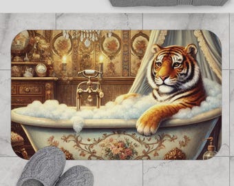 May include: A tiger taking a bath in a white porcelain bathtub with a gold faucet. The bathtub is filled with bubbles and the tiger is leaning on the edge of the tub. The background is a vintage bathroom with gold accents.