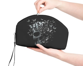 Skull Makeup Bag,  Skull and Butterflies Cosmetic Pouch, Gothic Butterfly Skulls, Goth Girl Accessory. Black Clutch Bag, Edgy Wristlet