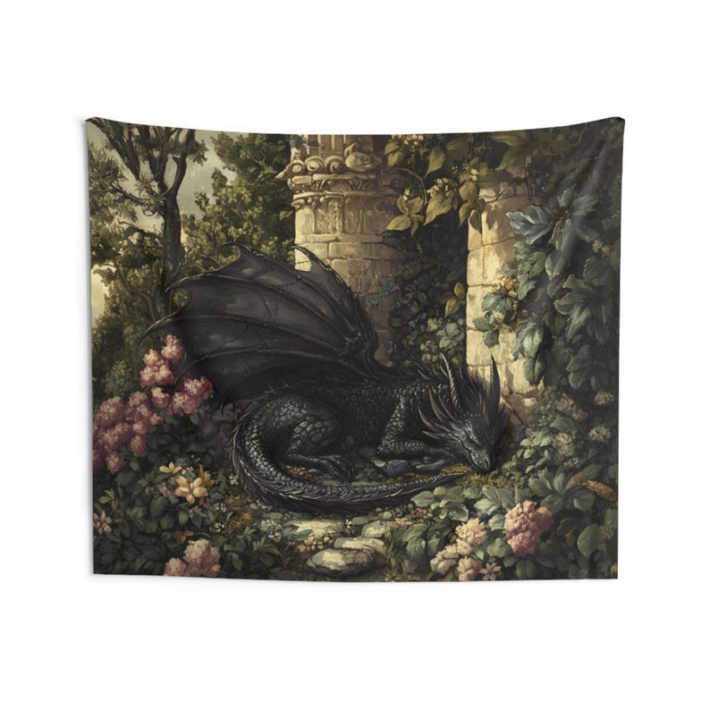 Dragon Tapestry, Mystical Medieval Black Dragon Wall Art, Bedroom Decor