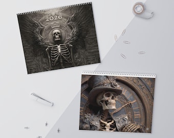 2026 Skeleton Kalender, Kunstkalender, Gothic Skelette Saisonales Kunstwerk, Dark Fantasy Haus Dekor, Makaber Horror Kunst, Cooles Geschenk!