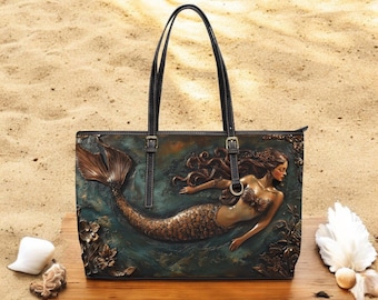 Mermaid Tote Bag: Fantasy Faux Leather Shoulder Purse, Large Tote Bag, Travel Bag, Mermaid Lover Gift, Two Sizes, Fun Pretty Purse!