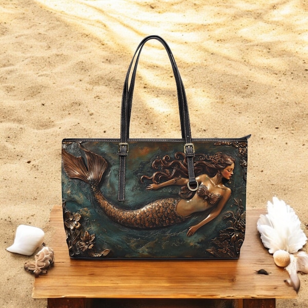 Mermaid Tote Bag: Fantasy Faux Leather Shoulder Purse, Large Tote Bag, Travel Bag, Mermaid Lover Gift, Two Sizes, Fun Pretty Purse!