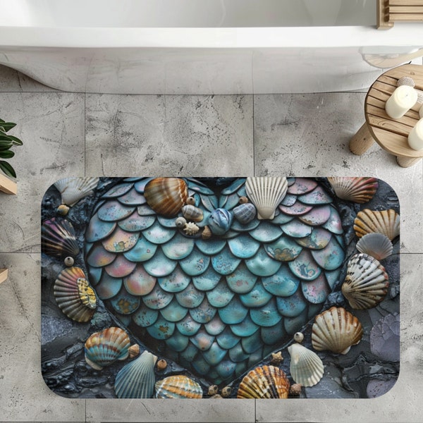 Mermaid Themed Bath Mat. Elegant Memory Foam Bath Mat with Mermaid Scale Heart, Shells Bathroom Rug, Coastal Home Decor, Unique Gift