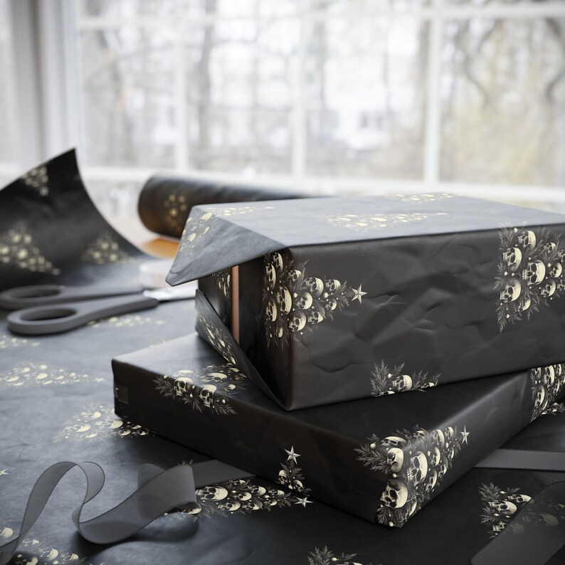 Gothic Wrapping Paper, Skulls on a Christmas Tree, Alternative Gift Wrap - Black Paper With Bone White Tree & Skulls, Elegant, Edgy Paper image 4