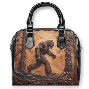 Shoulder Handbag, Big Foot Sasquatch Forest Faux Tooled Leather Unique Design, Tote Purse, Travel Bag, Crossbody Clutch, Trendy Satchel image 3