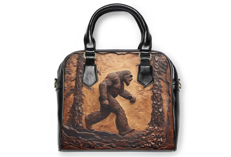 Shoulder Handbag, Big Foot Sasquatch Forest Faux Tooled Leather Unique Design, Tote Purse, Travel Bag, Crossbody Clutch, Trendy Satchel image 3