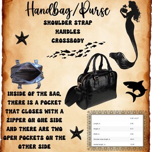 May include: Black handbag with a shoulder strap, handles, and crossbody option. The bag has a zipper pocket and two open pockets inside. Dimensions are 9.45" x 8.27" x 3.54". Shoulder strap is 49.61" long, and the handle is 12.99" long.
