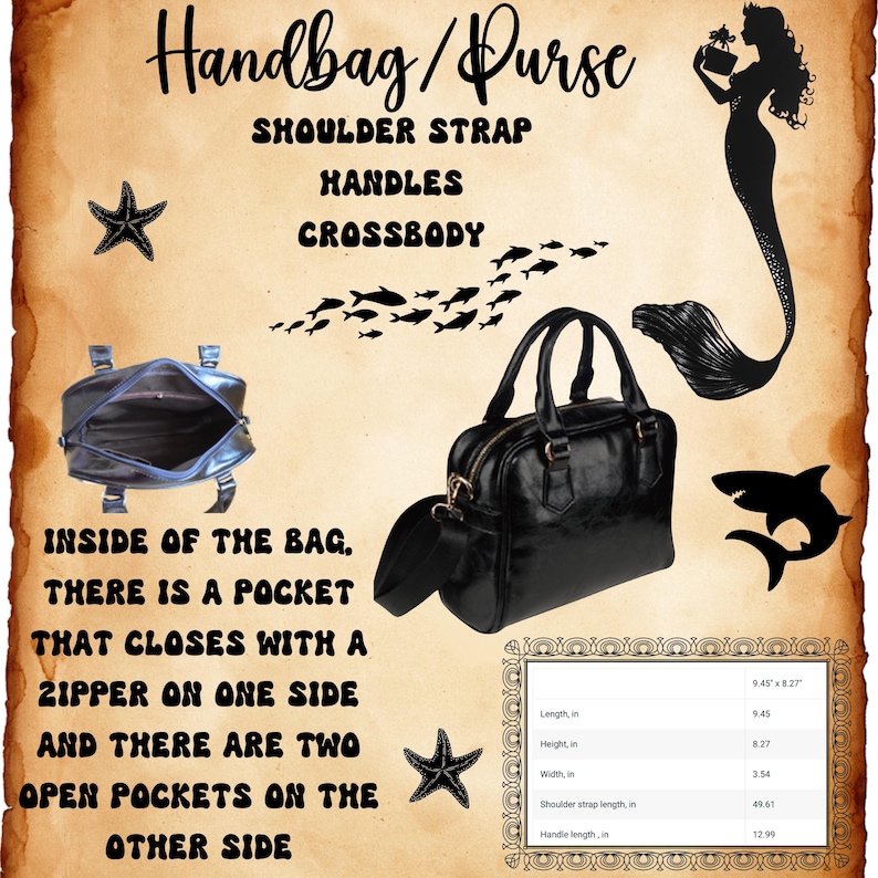 May include: Black handbag with a shoulder strap, handles, and crossbody option. The bag has a zipper pocket and two open pockets inside. Dimensions are 9.45" x 8.27" x 3.54". Shoulder strap is 49.61" long, and the handle is 12.99" long.