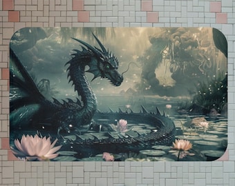 Dragon Bath Mat. Lounging Dragon in Magical Lagoon.  Memory Foam Mat. Bathroom, Powder Room Decor.  Two Sizes. Fantasy Home Decor Gift.