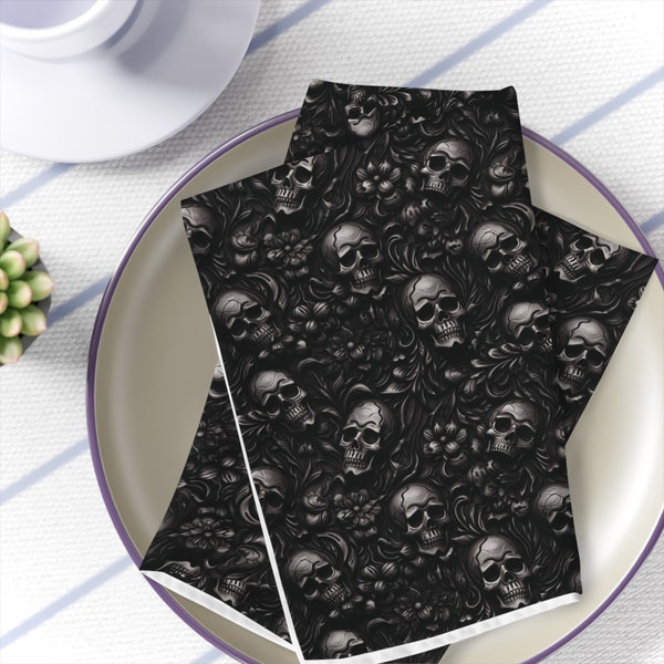 Napkins!  Skull and flowers. Black Four Piece Set.  Gothic Napkins. Broadcloth, soft, table napkins.  Party, Wedding, Holiday!  Everyday!