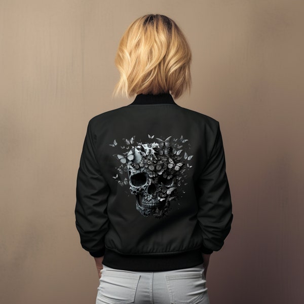 Women's Bomber Jacket!  Black jacket with butterflies and skulls!  Pretty jacket, zip up jacket! Gothic girl's jacket, skulls! Cool jacket!