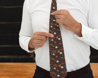 Corbata, estampado gótico, tonos otoñales, calaveras, flores, estilo gótico rockero, corbata súper genial, moda de Halloween, estilo alternativo, accesorio único, para hombre