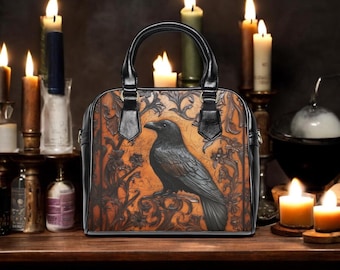 Raven Witchy Handbag, Gothic Faux Tooled Leather Bag, Dark Occult Shoulder Purse, Spooky Crow Tote, Alternative Accessory, Goth Bird.
