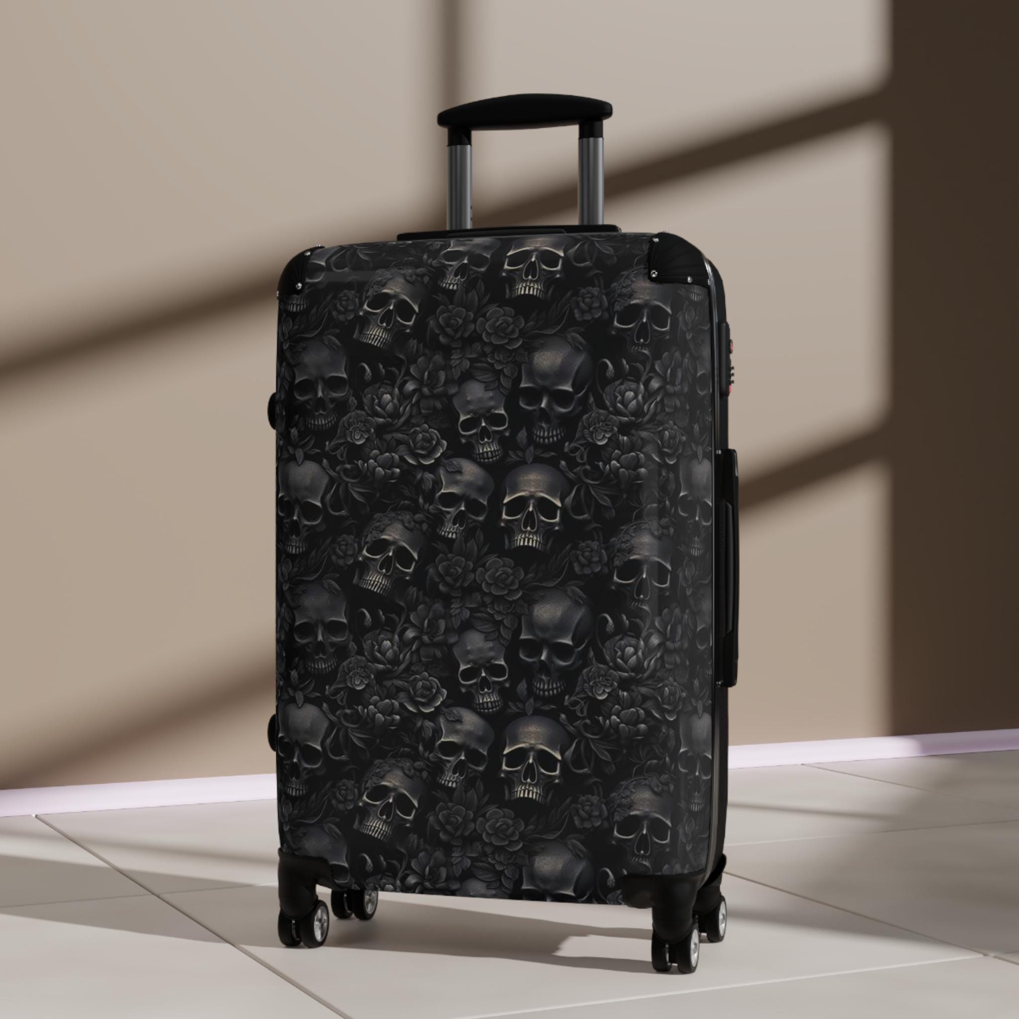 Black Flowers and Skulls Suitcase Hard side rolling luggage with black skulls and flowers.Gothic Skulls black luggage Skull suitcase Etsy