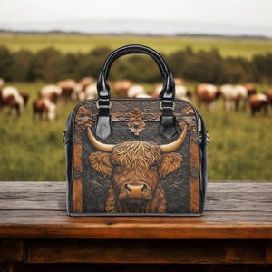 Shoulder Handbag, Highland Cow Design, Western Cowgirl Purse, Faux Tooled Leather Tote, Horned Cow Bag, Southwest Handbag, Cowboy Cowgirl