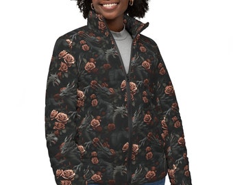 Blouson matelassé Dragon pour femmes. Manteau pour femme de poids moyen avec roses et dragons. Veste dragon noire. XS à 3XL. Manteau toute l'année !