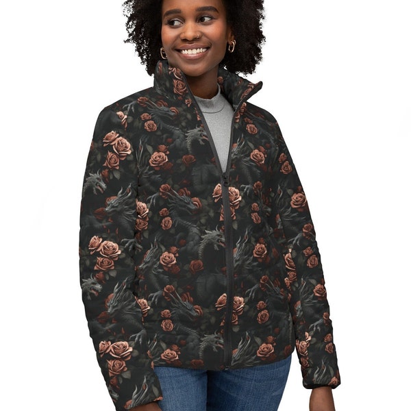 Dragon Women's Puffer Jacket.  Lady's Medium Weight Coat With Roses and Dragons.  Black Dragon Jacket. XS to 3XL.  Year Round Coat!