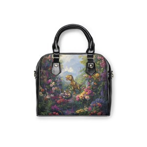 T-Rex Shoulder Handbag! Black Faux Leather With Flowers & Dinosaur. Dinosaurs Art, Theme, Decor, Design, Accessory. Dinocore, Unique Gift! image 5